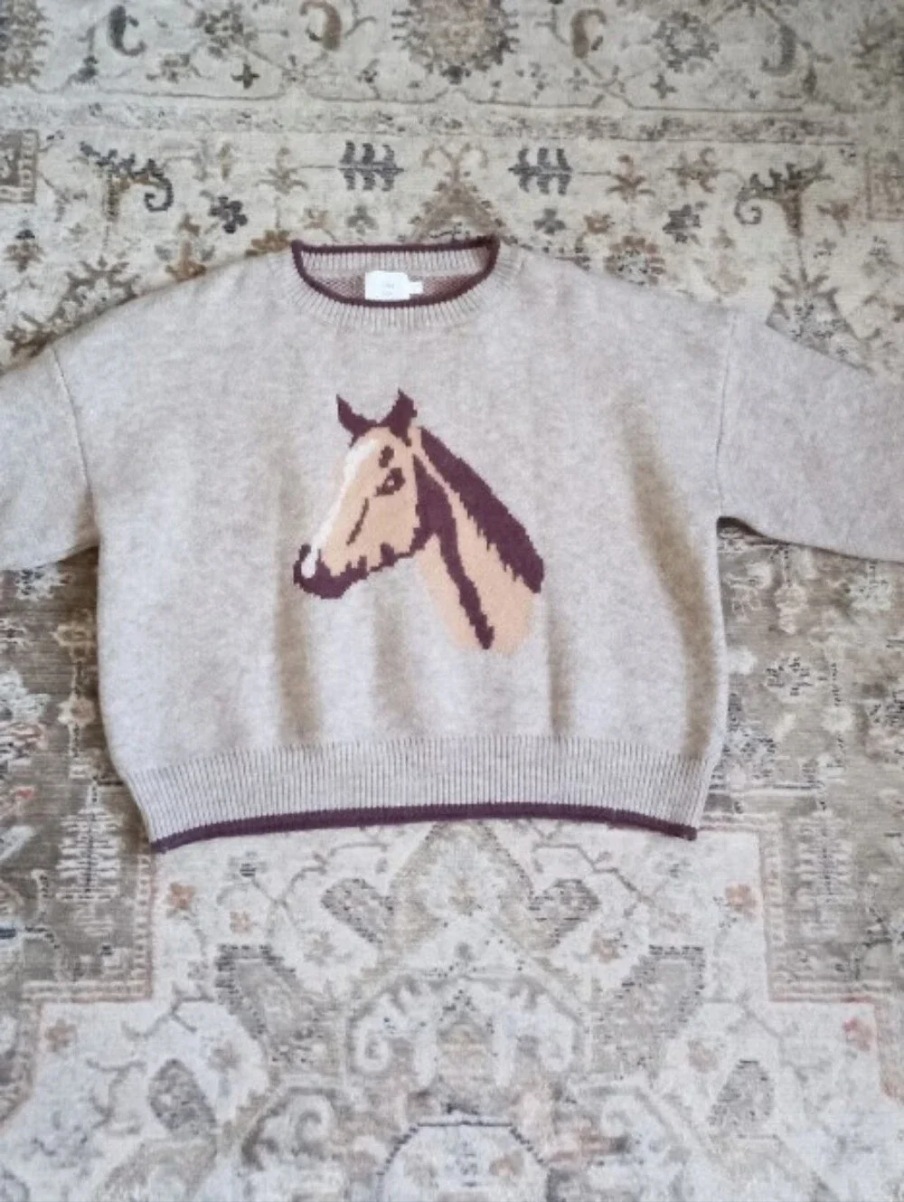Luna Ivy taupe horse print cropped sweater with subtle ribbed trim
